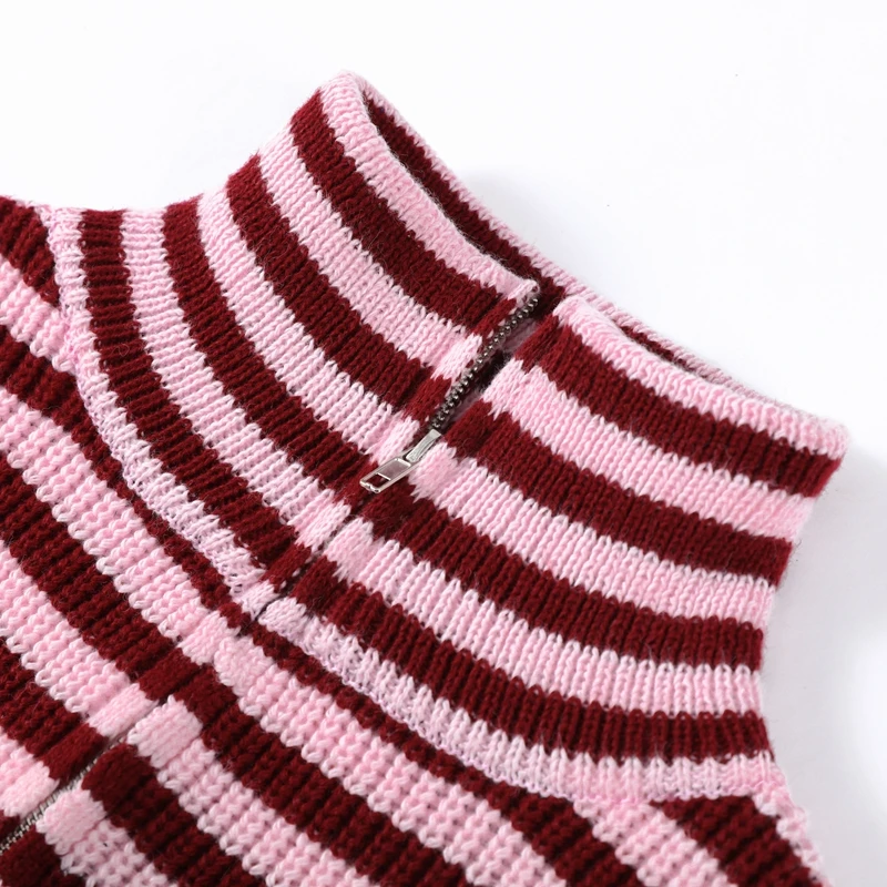 Fashion Contrasting Striped Zipper Knitted Cardigans Women Loose Stand Collar Long Sleeved Coat 2026 Autumn Winter Lady Outwear