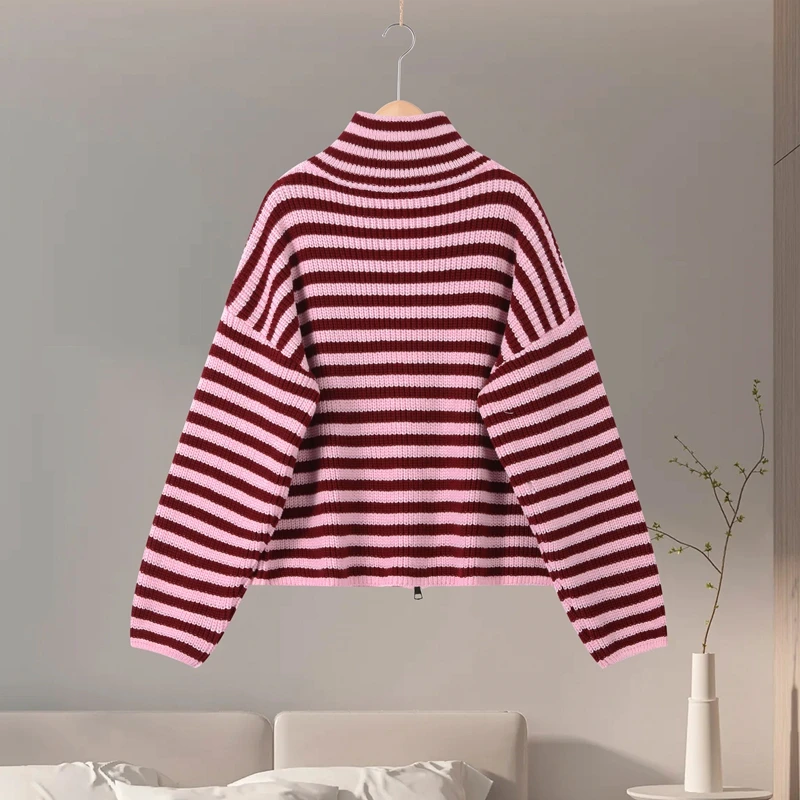 Fashion Contrasting Striped Zipper Knitted Cardigans Women Loose Stand Collar Long Sleeved Coat 2026 Autumn Winter Lady Outwear