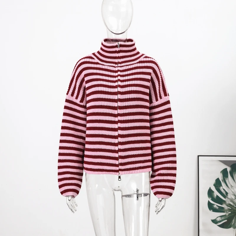 Fashion Contrasting Striped Zipper Knitted Cardigans Women Loose Stand Collar Long Sleeved Coat 2026 Autumn Winter Lady Outwear