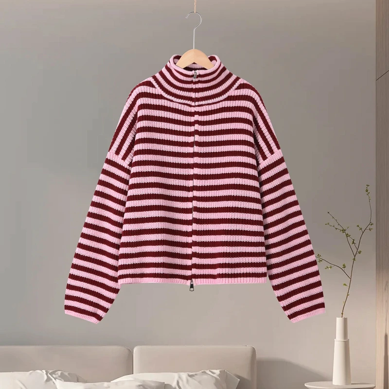Fashion Contrasting Striped Zipper Knitted Cardigans Women Loose Stand Collar Long Sleeved Coat 2026 Autumn Winter Lady Outwear