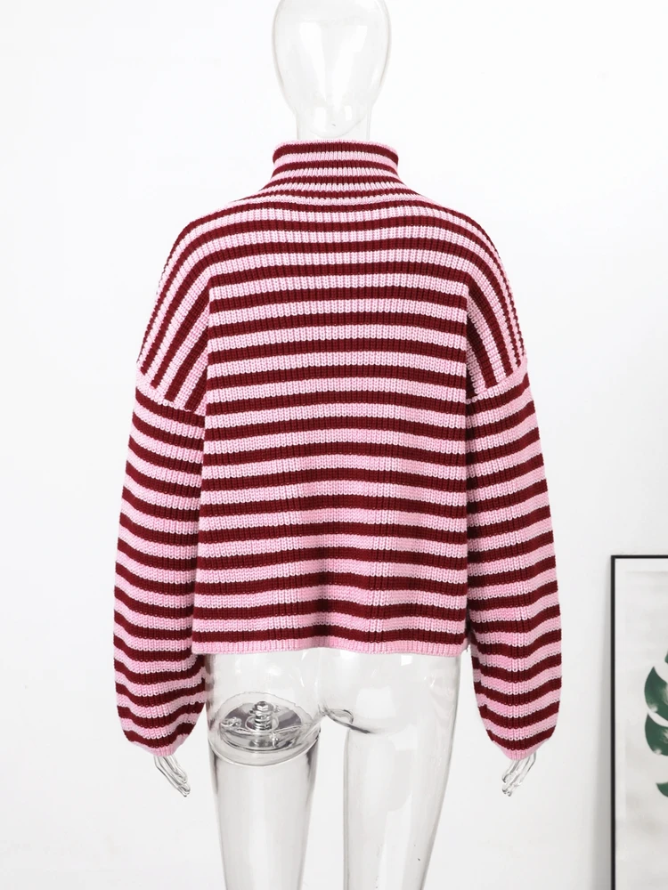 Fashion Contrasting Striped Zipper Knitted Cardigans Women Loose Stand Collar Long Sleeved Coat 2026 Autumn Winter Lady Outwear
