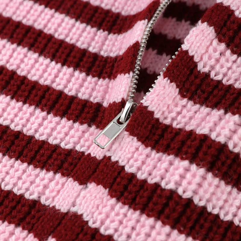 Fashion Contrasting Striped Zipper Knitted Cardigans Women Loose Stand Collar Long Sleeved Coat 2026 Autumn Winter Lady Outwear