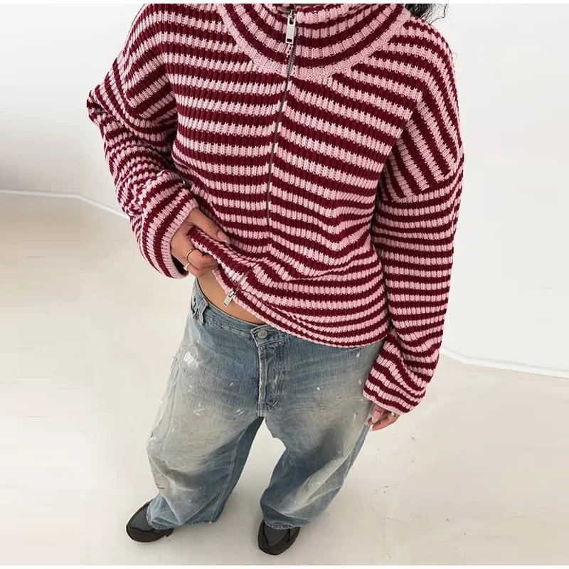 Fashion Contrasting Striped Zipper Knitted Cardigans Women Loose Stand Collar Long Sleeved Coat 2026 Autumn Winter Lady Outwear