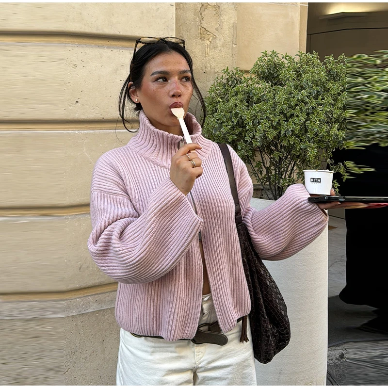 Fashion Contrasting Striped Zipper Knitted Cardigans Women Loose Stand Collar Long Sleeved Coat 2026 Autumn Winter Lady Outwear