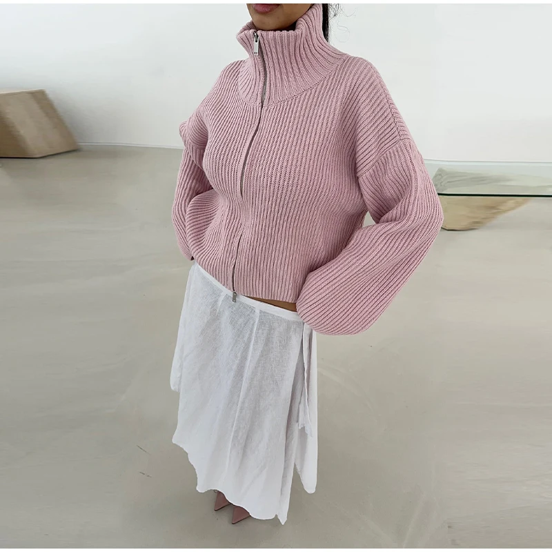 Fashion Contrasting Striped Zipper Knitted Cardigans Women Loose Stand Collar Long Sleeved Coat 2026 Autumn Winter Lady Outwear