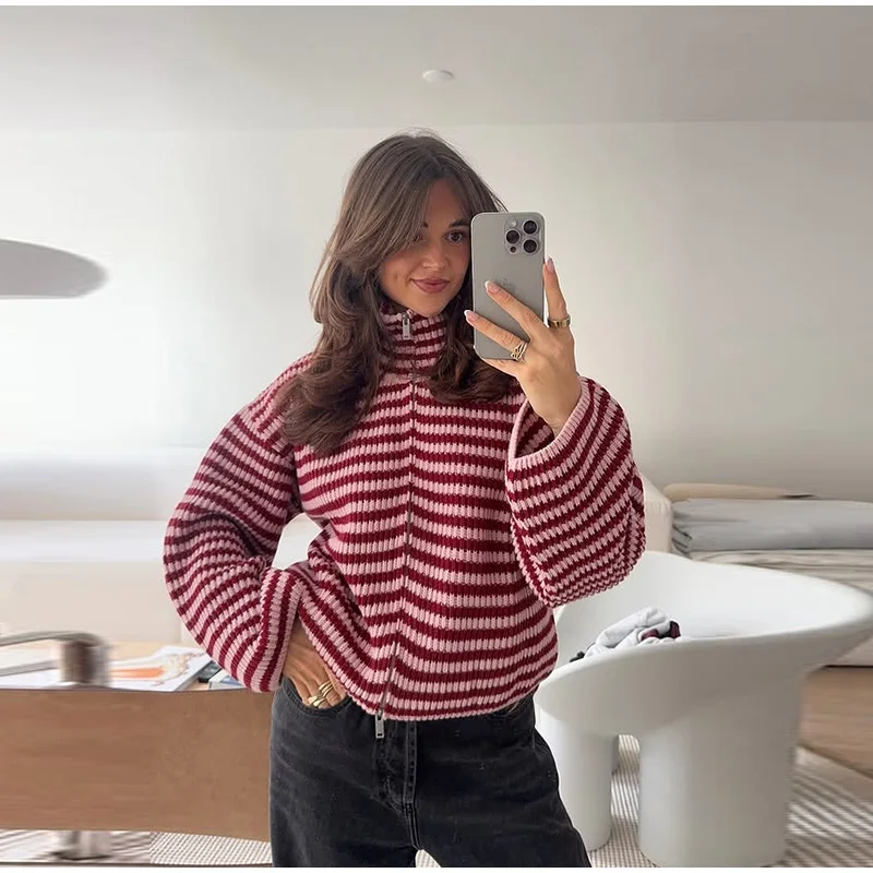 Fashion Contrasting Striped Zipper Knitted Cardigans Women Loose Stand Collar Long Sleeved Coat 2026 Autumn Winter Lady Outwear