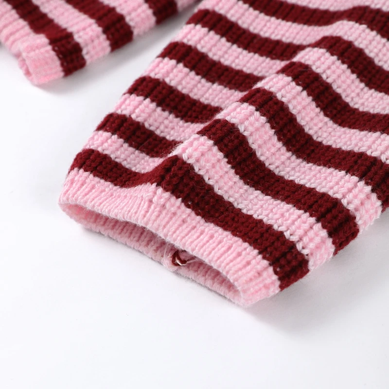 Fashion Contrasting Striped Zipper Knitted Cardigans Women Loose Stand Collar Long Sleeved Coat 2026 Autumn Winter Lady Outwear