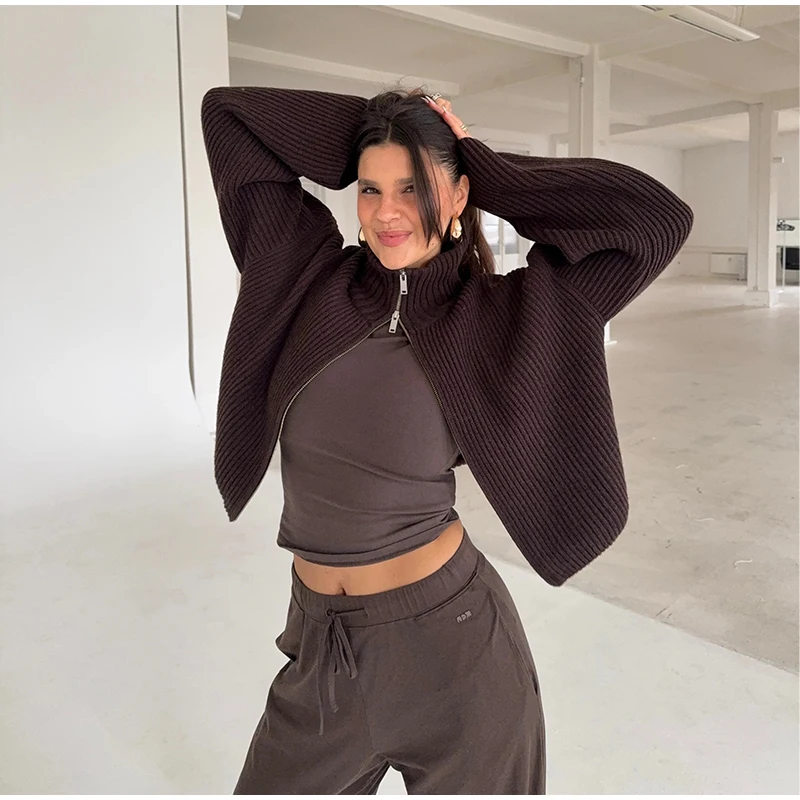Fashion Contrasting Striped Zipper Knitted Cardigans Women Loose Stand Collar Long Sleeved Coat 2026 Autumn Winter Lady Outwear