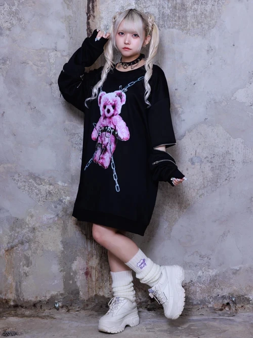 Mine Subculture Cartoon Bear Zipper Sweatshirt Jacket Women's Japanese Clothes 2024 Autumn New Oversized Hoodies Long Y2k Top