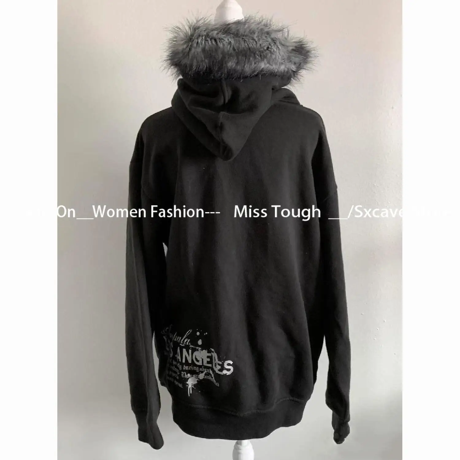 American Vintage Black Faux Fur Sweatshirts Women Letter Printed Subculture Coats with Hooded Female Gothic Harajuku Jackets Y2k