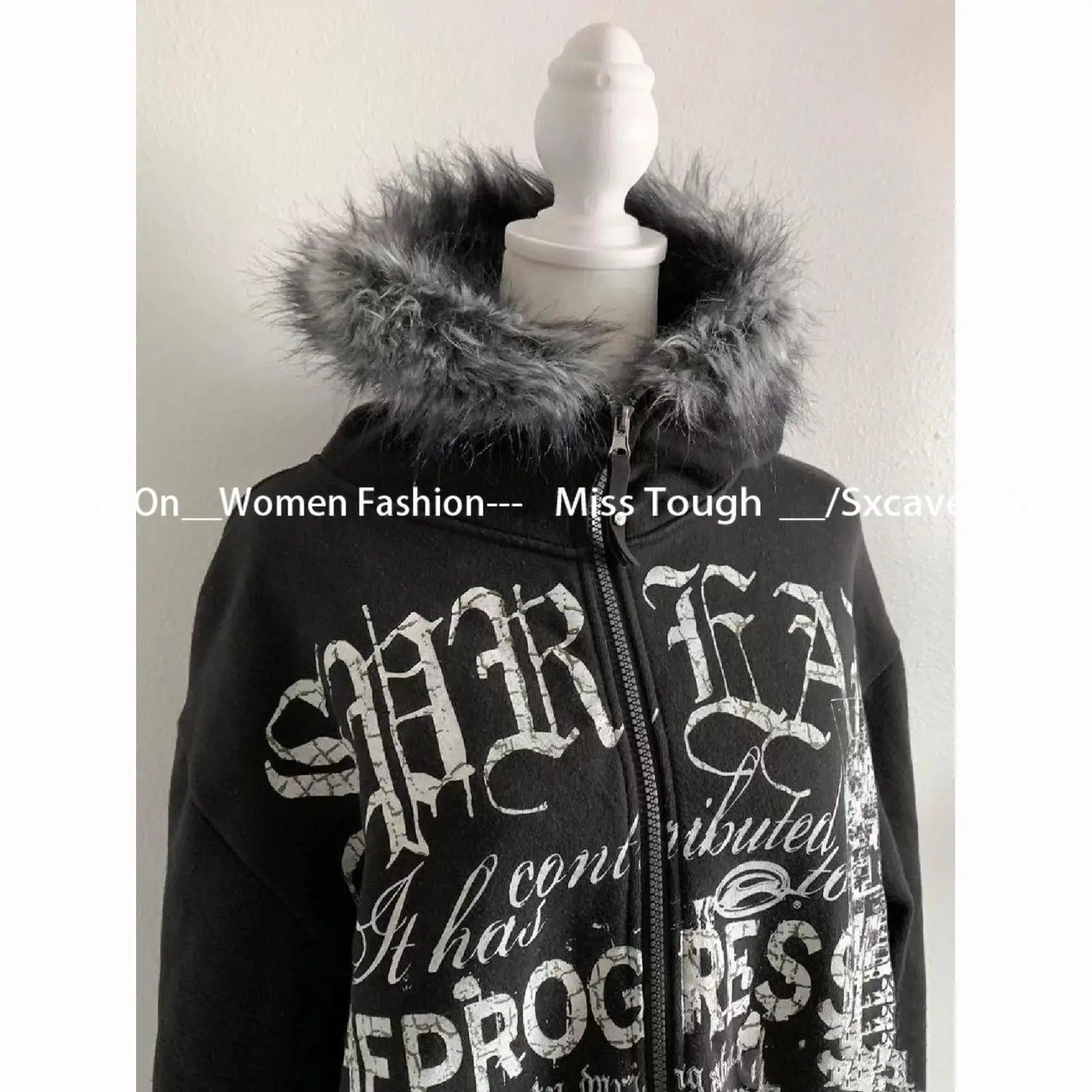 American Vintage Black Faux Fur Sweatshirts Women Letter Printed Subculture Coats with Hooded Female Gothic Harajuku Jackets Y2k