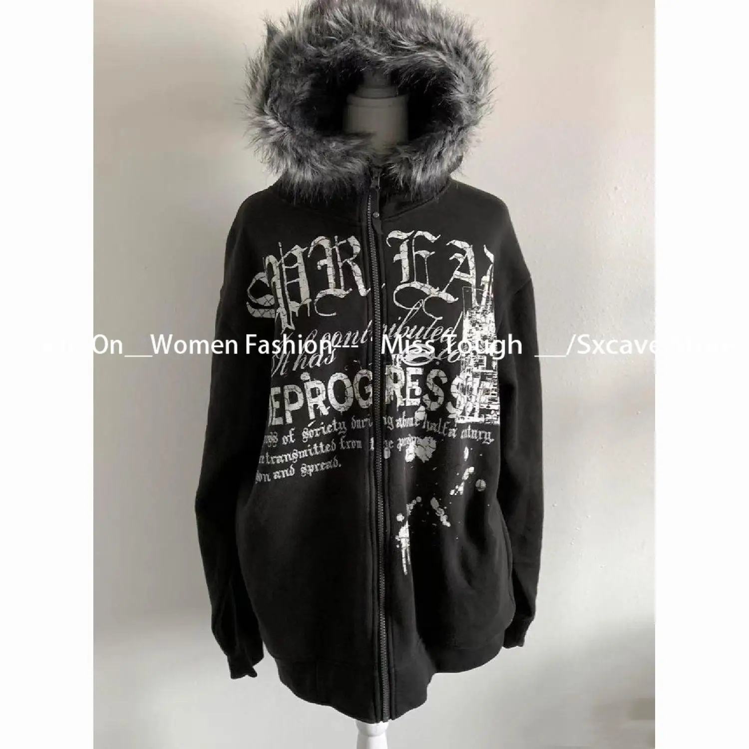 American Vintage Black Faux Fur Sweatshirts Women Letter Printed Subculture Coats with Hooded Female Gothic Harajuku Jackets Y2k
