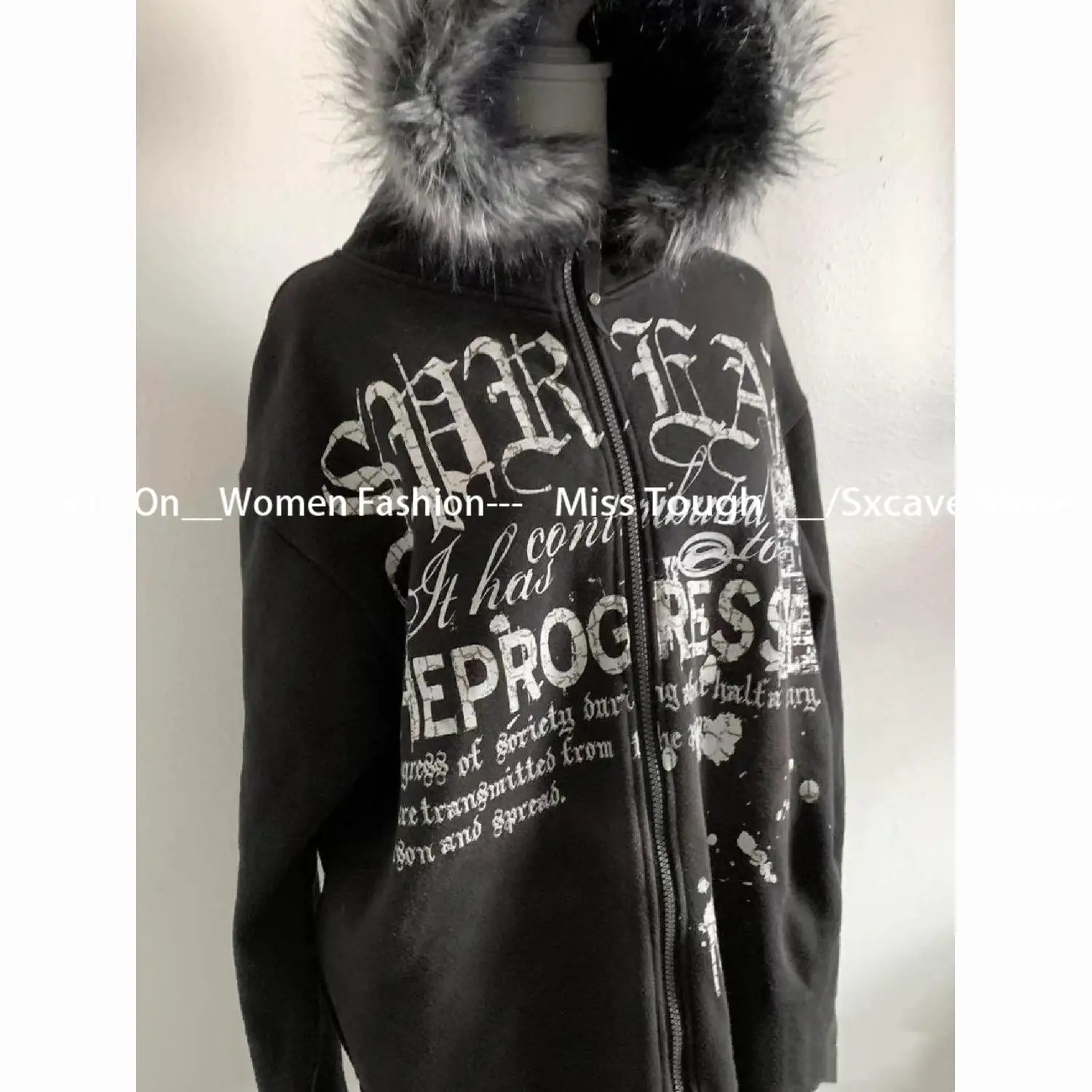 American Vintage Black Faux Fur Sweatshirts Women Letter Printed Subculture Coats with Hooded Female Gothic Harajuku Jackets Y2k