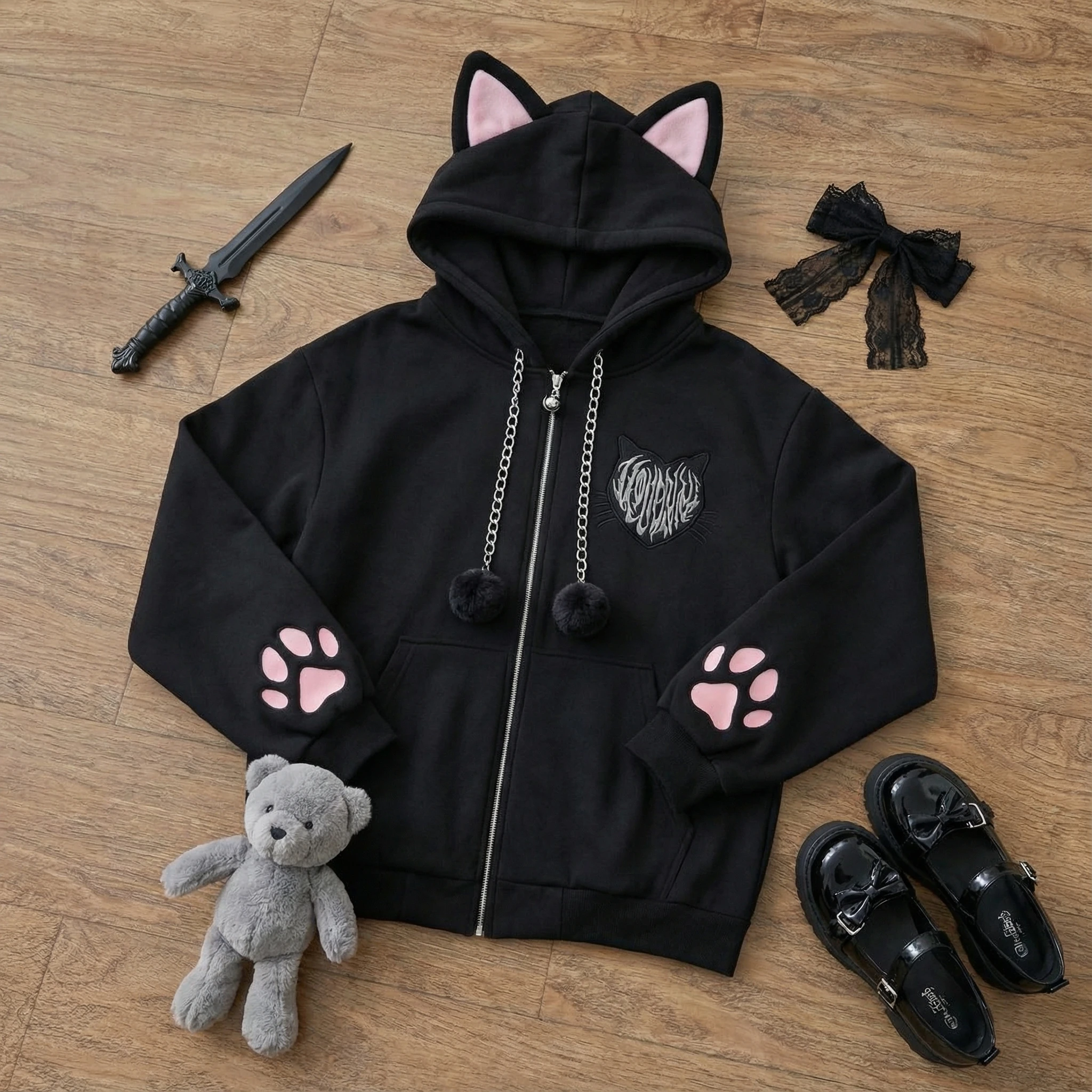 Winter Japanese Kawaii Rabbit Ears Hoodies Sweatshirt Women Design Loose Patchwork Cute Coat Female Chic Korean Popular Cothes