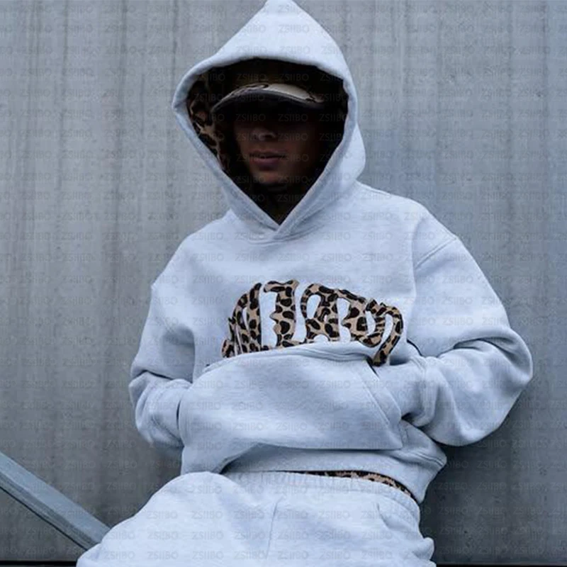 Harajuku American Y2K Leopard Letters Gray Hoodie Men Women Fall Loose Casual Fashion Street Pop Hip-hop Rap Couple Outfit