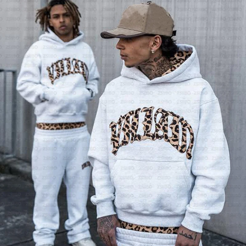 Harajuku American Y2K Leopard Letters Gray Hoodie Men Women Fall Loose Casual Fashion Street Pop Hip-hop Rap Couple Outfit