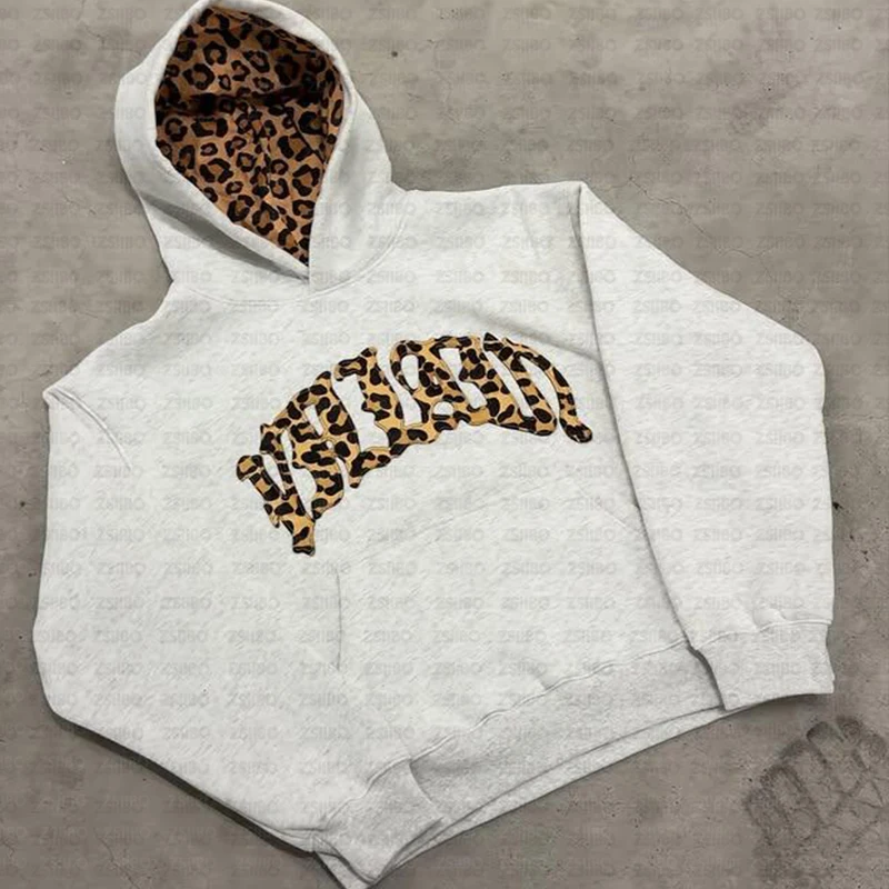 Harajuku American Y2K Leopard Letters Gray Hoodie Men Women Fall Loose Casual Fashion Street Pop Hip-hop Rap Couple Outfit