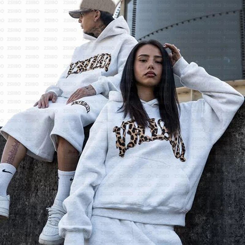 Harajuku American Y2K Leopard Letters Gray Hoodie Men Women Fall Loose Casual Fashion Street Pop Hip-hop Rap Couple Outfit