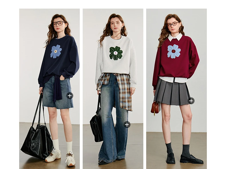 TOYOUTH Women's Hoodies Sweatshirt 2026 Autumn New Green Velvet Flower Embroidered Round Neck Pullover Cotton Tops