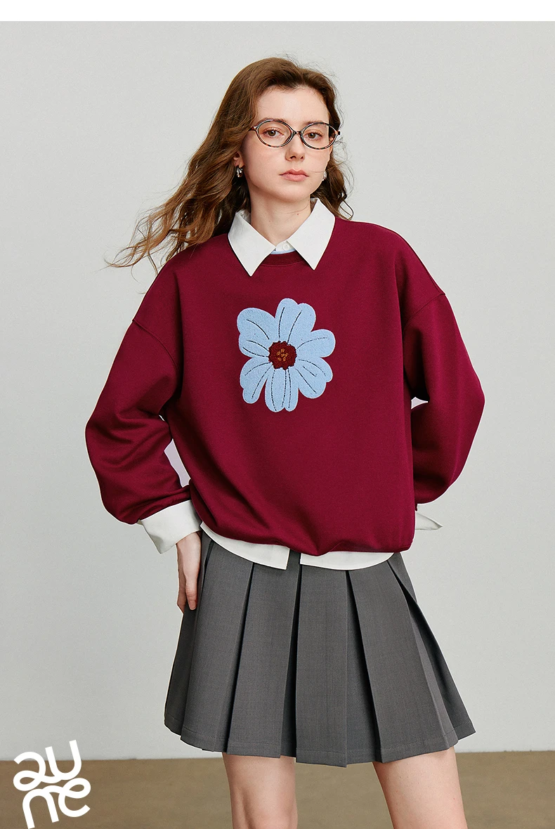 TOYOUTH Women's Hoodies Sweatshirt 2026 Autumn New Green Velvet Flower Embroidered Round Neck Pullover Cotton Tops
