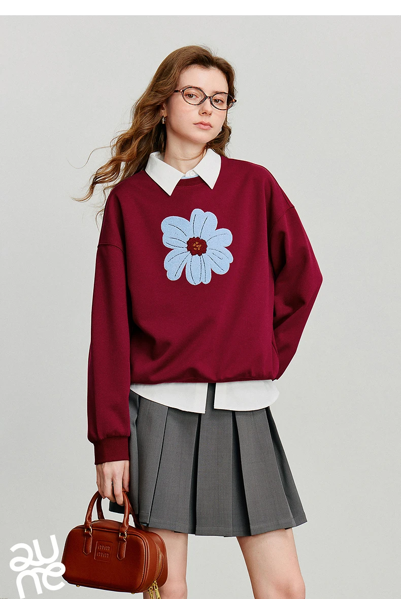TOYOUTH Women's Hoodies Sweatshirt 2026 Autumn New Green Velvet Flower Embroidered Round Neck Pullover Cotton Tops