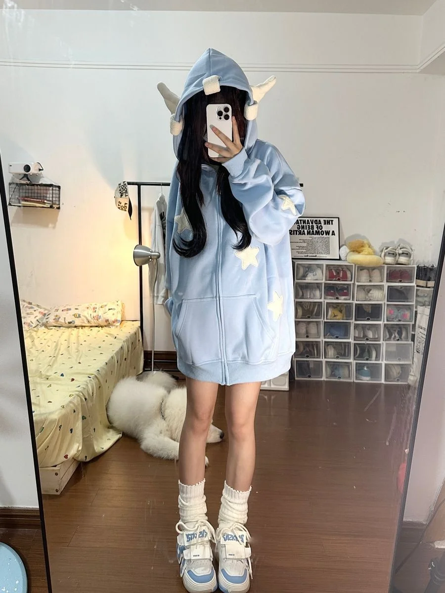 Japanese dopamine style cute star angel wing women's top autumn and winter loose hooded women's hoodie sweet style