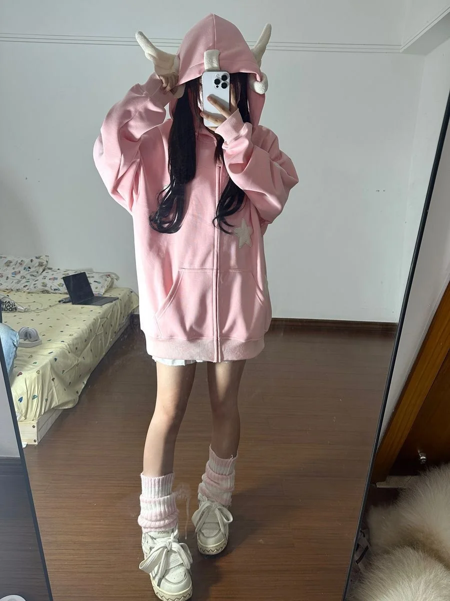 Japanese dopamine style cute star angel wing women's top autumn and winter loose hooded women's hoodie sweet style