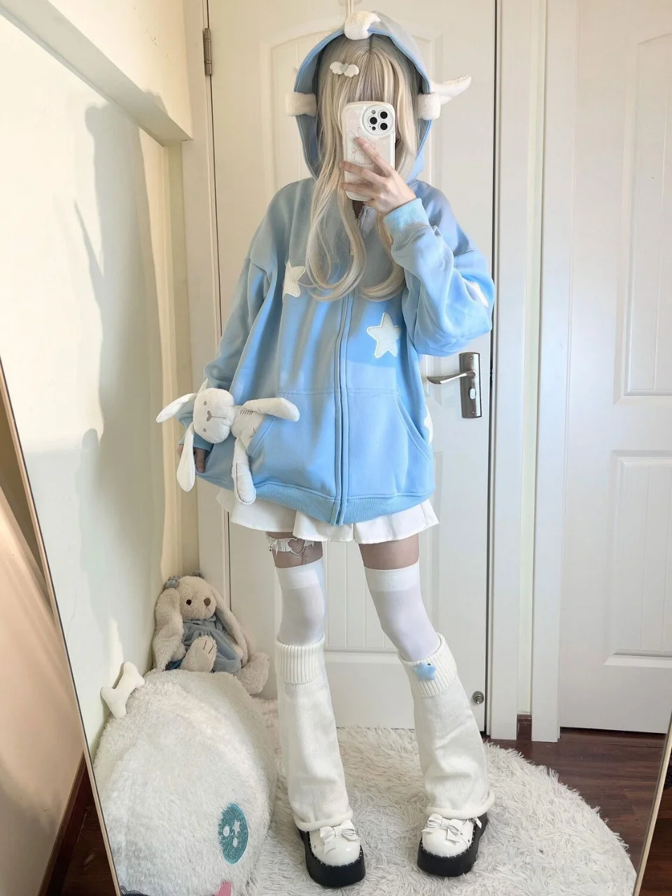 Japanese dopamine style cute star angel wing women's top autumn and winter loose hooded women's hoodie sweet style