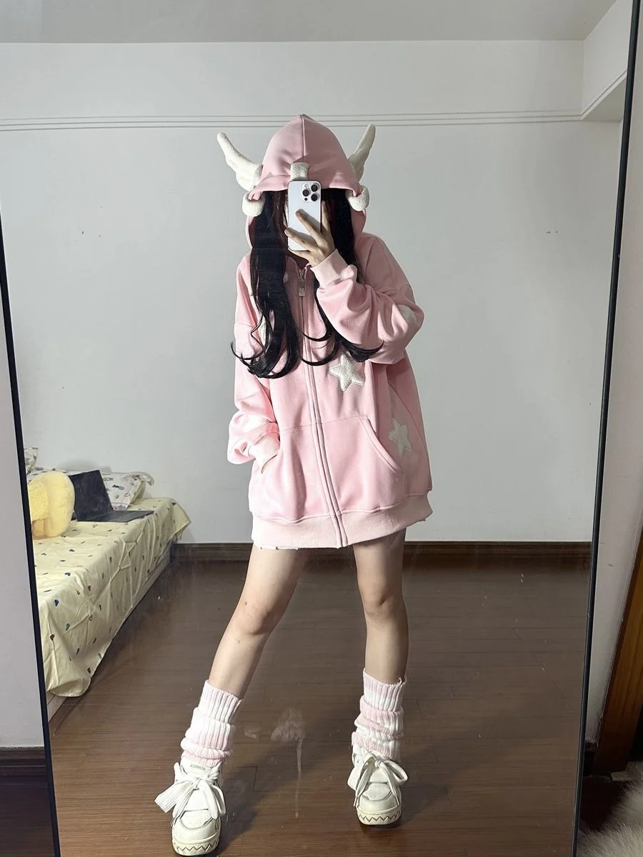 Japanese dopamine style cute star angel wing women's top autumn and winter loose hooded women's hoodie sweet style