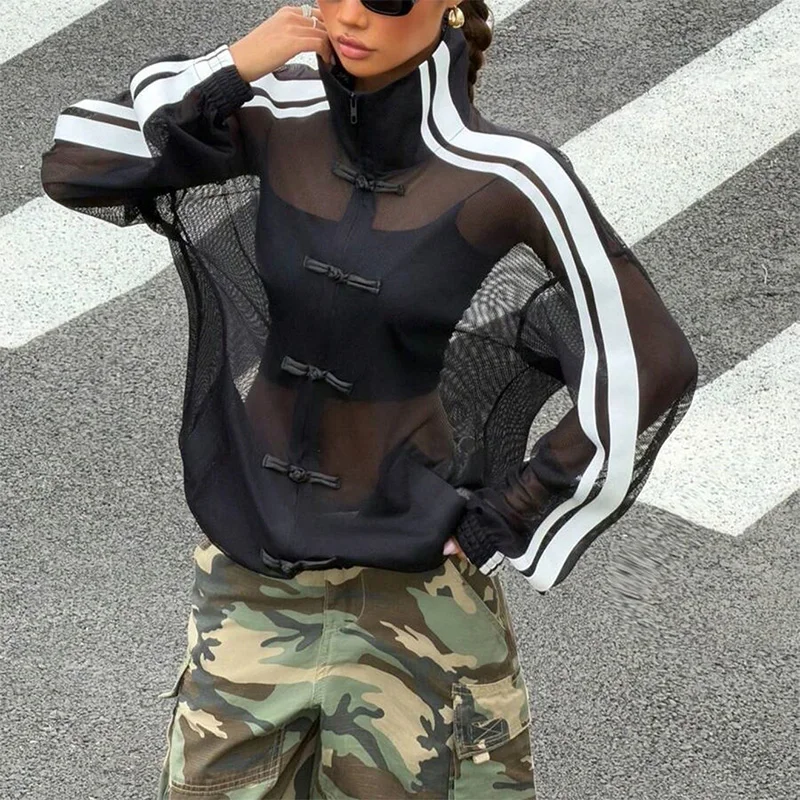 Summer Women's Y2K Streetwear Vintage Chinese Style Sheer Mesh Stand Collar Long Sleeve Loose Side Stripe Frog Button Jacket