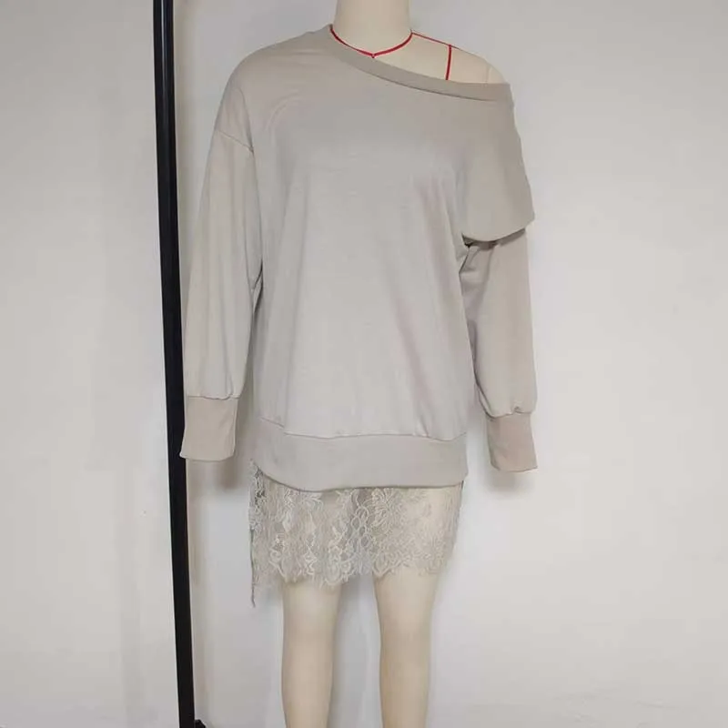 Women Top 2025 New Autumn Clothing Fashion Lace Slit Mid-length Sweatshirt Casual Loose Pullover Sweatshirt For Women Streetwear