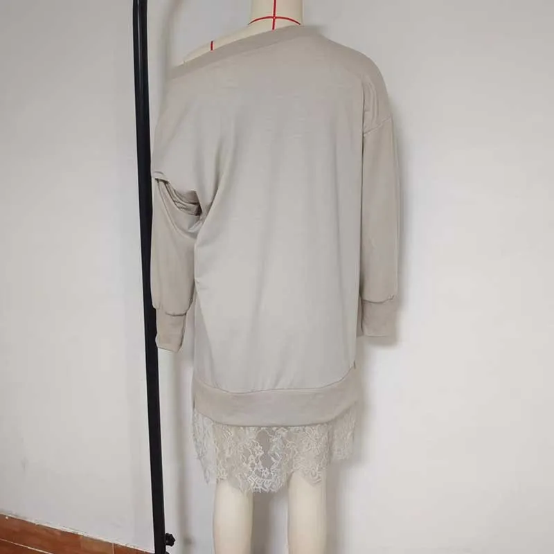 Women Top 2025 New Autumn Clothing Fashion Lace Slit Mid-length Sweatshirt Casual Loose Pullover Sweatshirt For Women Streetwear