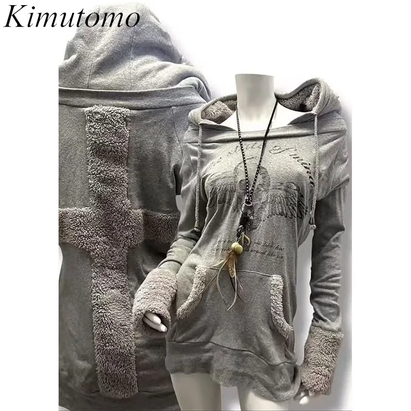 Kimutomo Hoodies Women Vintage Skulls Printed Autumn Winter Fashion Y2k Aesthetic Harajuku Pockets Sweatshirts Ladies Casual