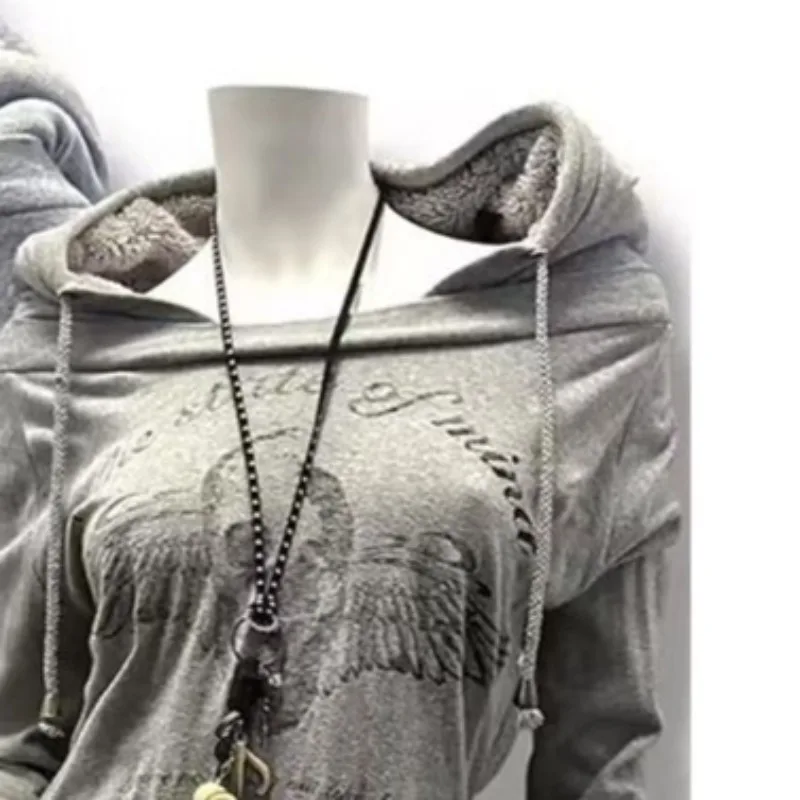 Kimutomo Hoodies Women Vintage Skulls Printed Autumn Winter Fashion Y2k Aesthetic Harajuku Pockets Sweatshirts Ladies Casual