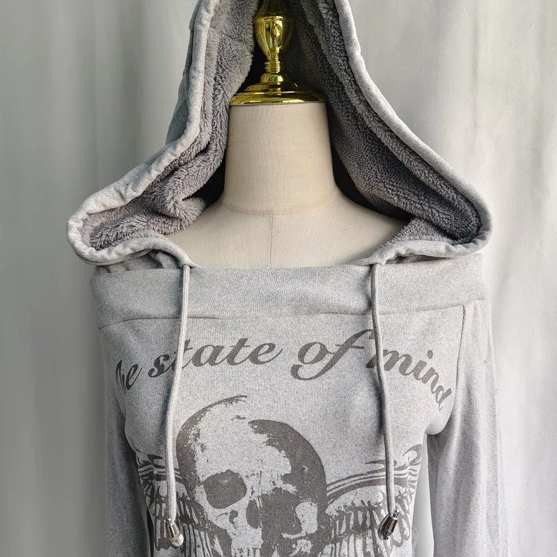 Kimutomo Hoodies Women Vintage Skulls Printed Autumn Winter Fashion Y2k Aesthetic Harajuku Pockets Sweatshirts Ladies Casual