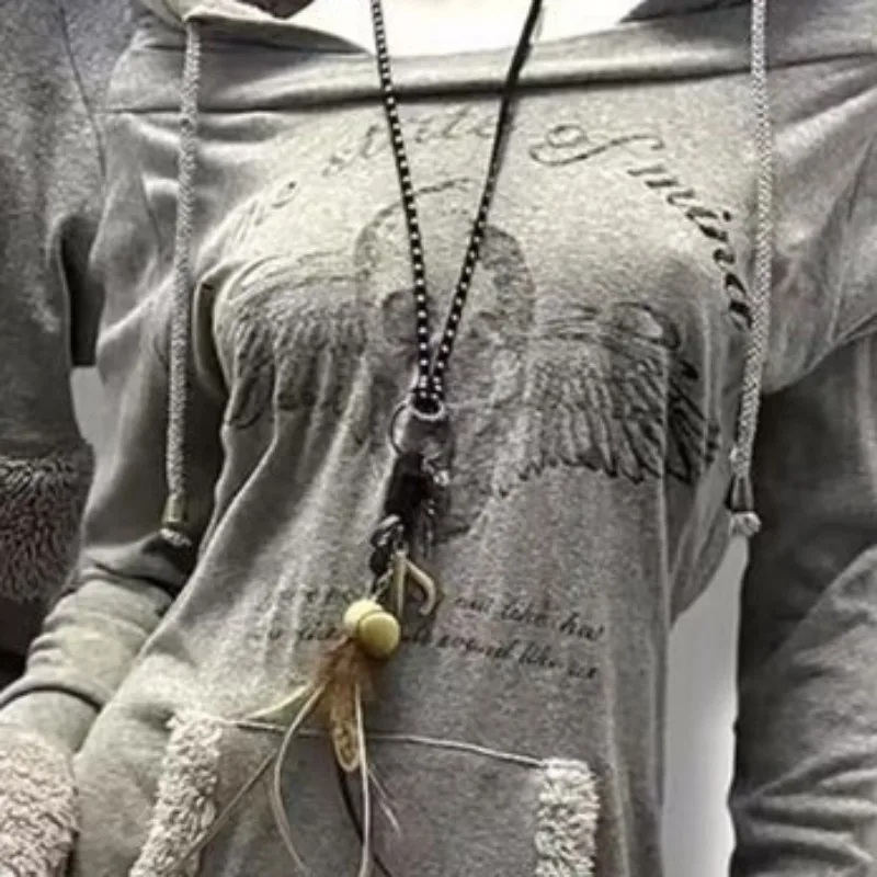 Kimutomo Hoodies Women Vintage Skulls Printed Autumn Winter Fashion Y2k Aesthetic Harajuku Pockets Sweatshirts Ladies Casual
