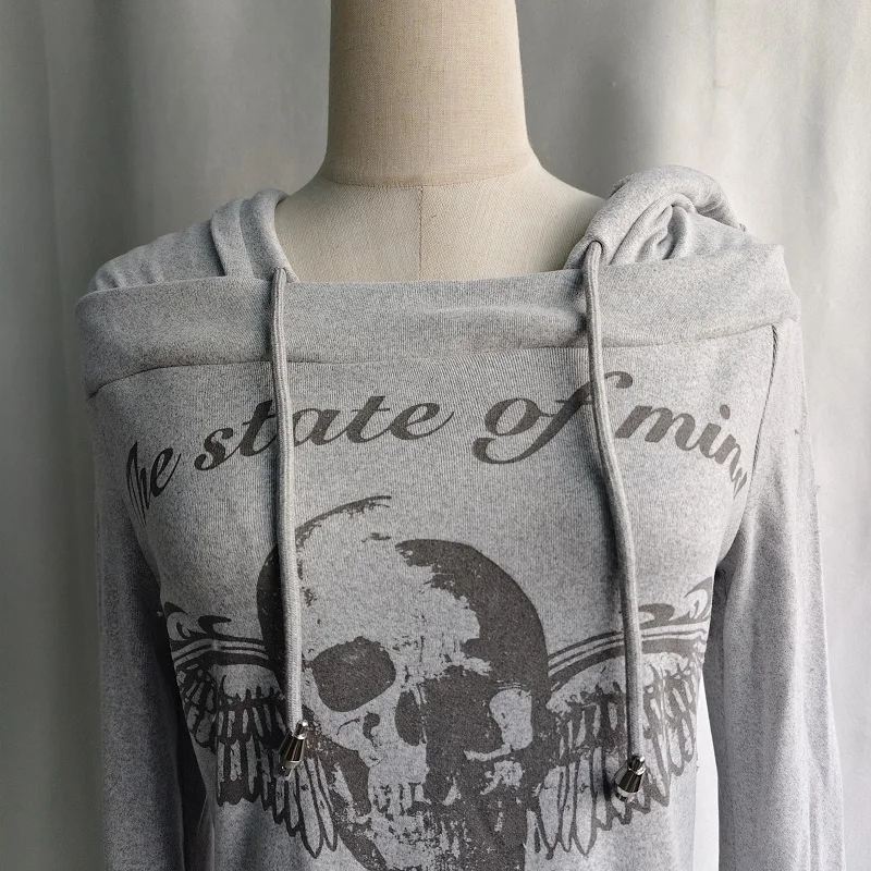 Kimutomo Hoodies Women Vintage Skulls Printed Autumn Winter Fashion Y2k Aesthetic Harajuku Pockets Sweatshirts Ladies Casual