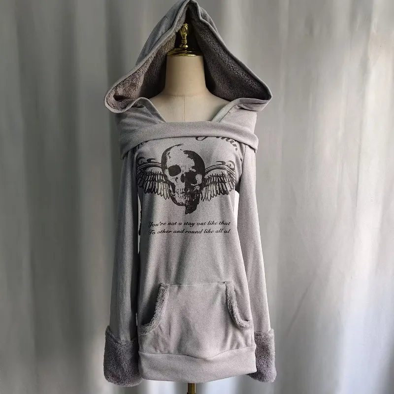 Kimutomo Hoodies Women Vintage Skulls Printed Autumn Winter Fashion Y2k Aesthetic Harajuku Pockets Sweatshirts Ladies Casual
