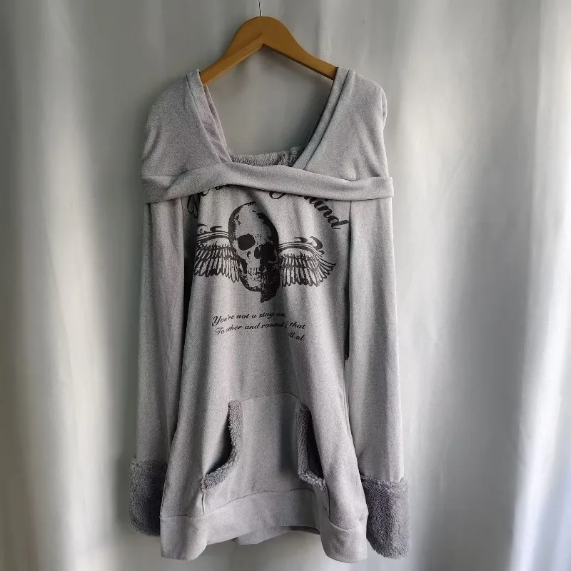 Kimutomo Hoodies Women Vintage Skulls Printed Autumn Winter Fashion Y2k Aesthetic Harajuku Pockets Sweatshirts Ladies Casual