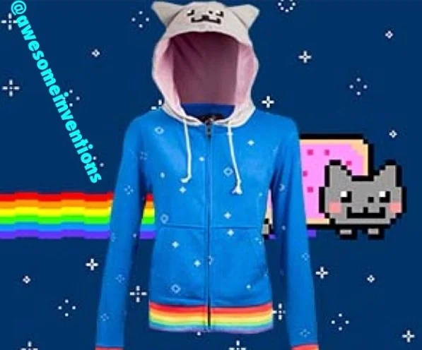 Nyan Cat Blue Embroidered Zip Up Hoodie Pixel Face Ears Hood Rainbow Stripes Star Dots Casual Jacket Unisex Fashion