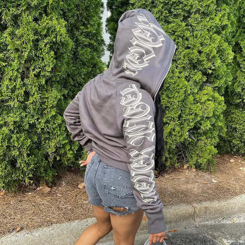 2025 Zipper Letter Print Baddie Clothes Women Hooddies Casual Streetwear Athleisure Sporty Tops Cyber Ghetto Sweatshirts New