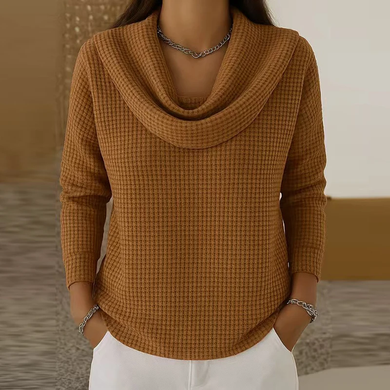 Fashion Pile Collar Long Sleeve Sweatshirt Women Casual Loose Blouse Women Autumn Winter Waffle Pullover Tops