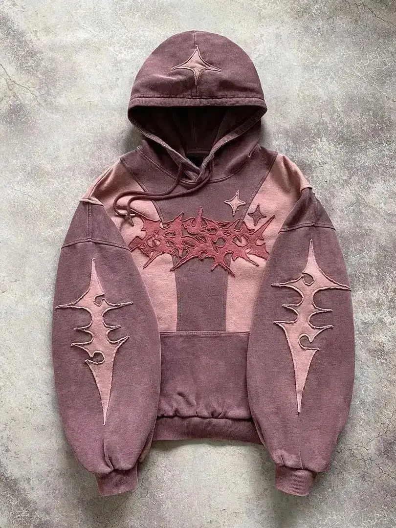 American Street Style High-End English Embroidery Collage Hoodie with Hat, New Trendy Unisex Loose Hoodie