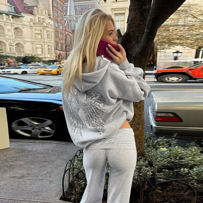 Casual Sequin Wings Hooded Sweatshirt Pant Set Women Solid Loose Full Sleeve Pullover Suit 2026 Spring Autumn Lady Daily Outfit