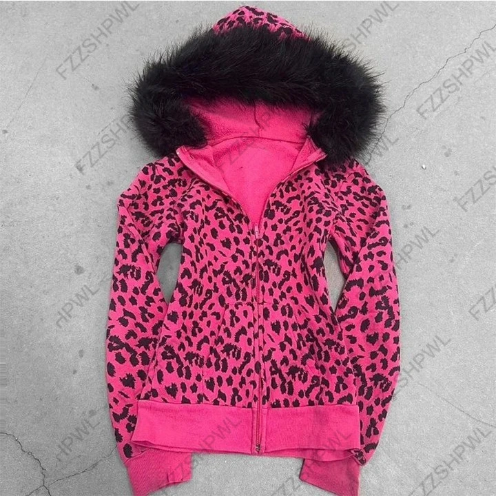 Fashion Cute Leopard print Y2K Hooded sweatshirt Streetwear High street Casual Clothes Chic Unique Classic Minimalist Cool Top