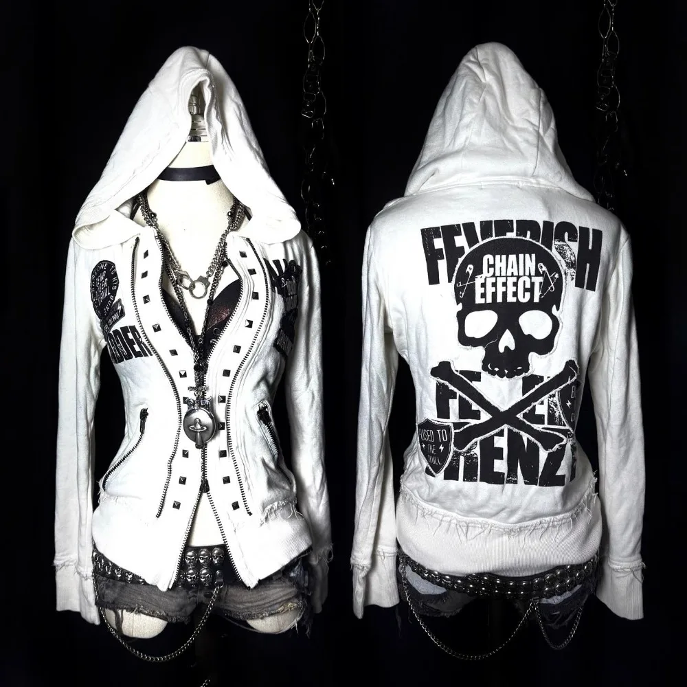 Y2K Cute Sexy Slim Fit Zipper Hoodie Women Harajuku Skull Graphic Embroidery Sweatshirt Goth Black Jacket Autumn Winter Clothing