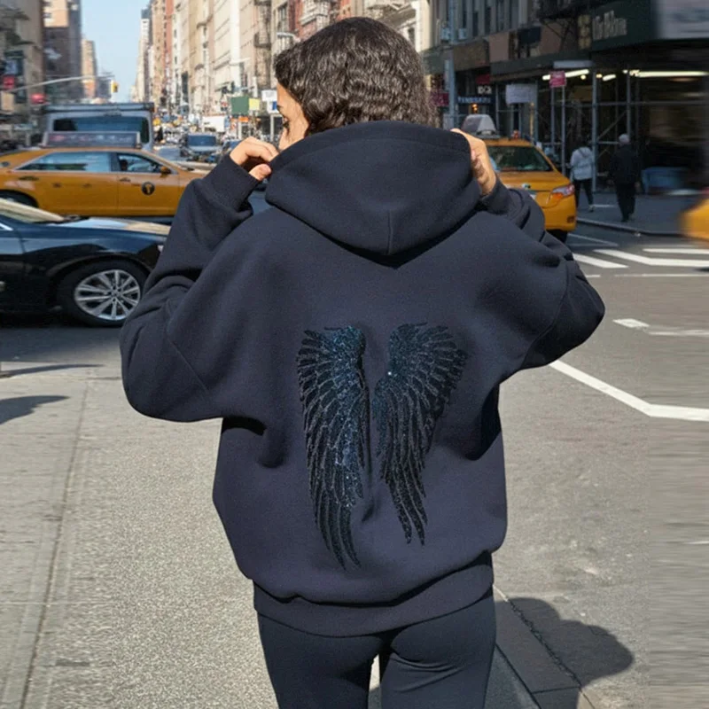 Sequins Wings Hooded Sweatshirt Women's Casual Full Sleeve Hoodies Female Top 2025 Autumn And Winter New Ladies Loose Streetwear