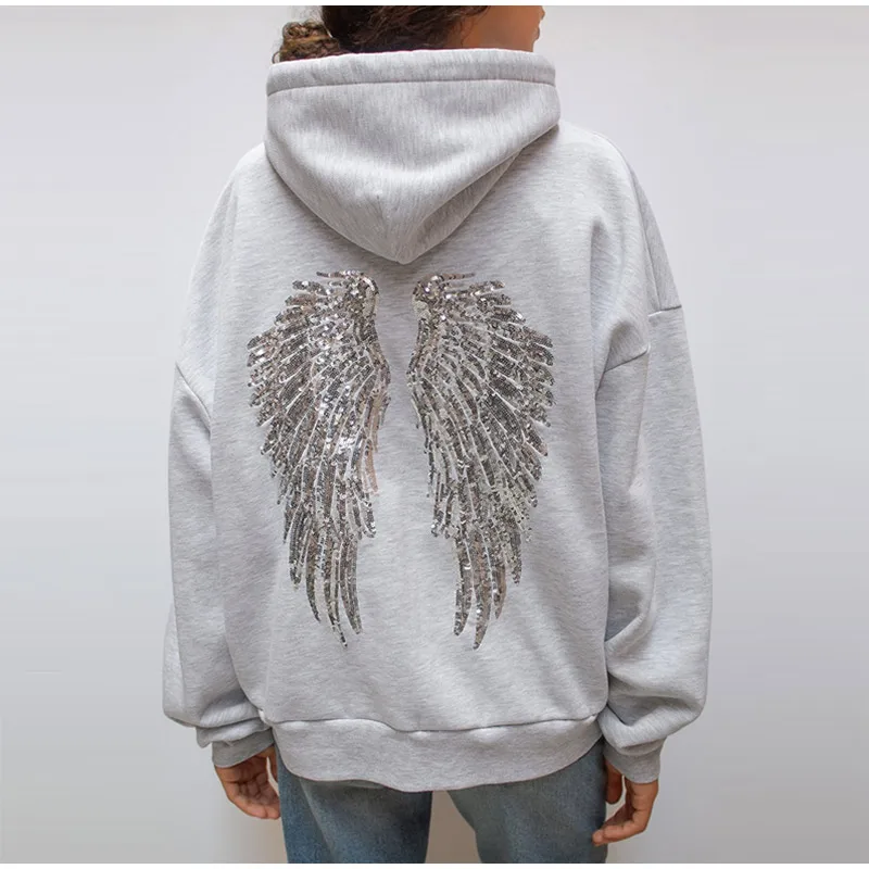 Sequins Wings Hooded Sweatshirt Women's Casual Full Sleeve Hoodies Female Top 2025 Autumn And Winter New Ladies Loose Streetwear