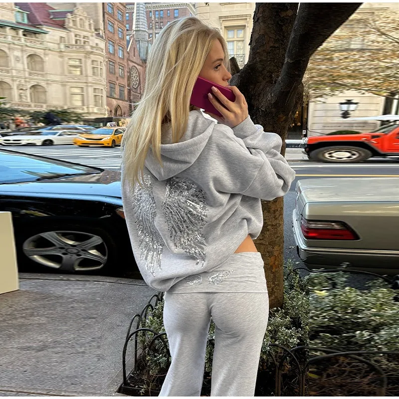 Sequins Wings Hooded Sweatshirt Women's Casual Full Sleeve Hoodies Female Top 2025 Autumn And Winter New Ladies Loose Streetwear