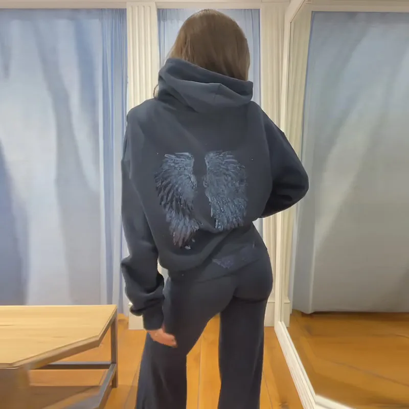 Sequins Wings Hooded Sweatshirt Women's Casual Full Sleeve Hoodies Female Top 2025 Autumn And Winter New Ladies Loose Streetwear